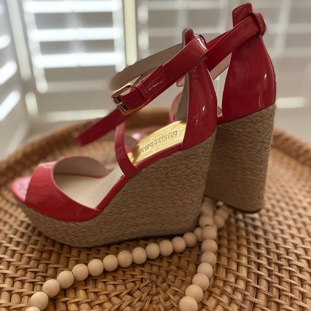 NEW Michael Kor Damita Salmon Leather Wedge Espadrille Sandals Playform - Picture 3 of 10
